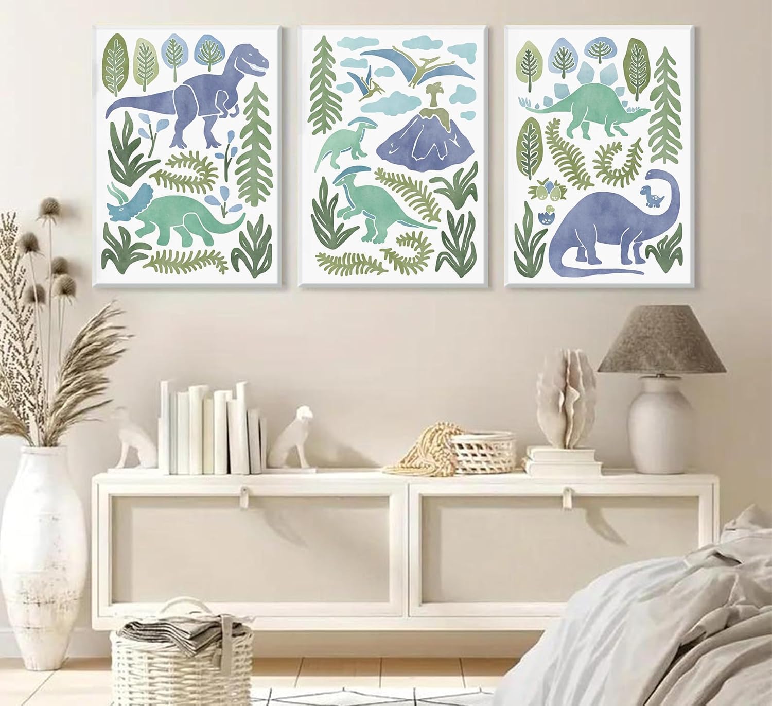 Baby Boys Nursery Wall Art Blue Green Dinosaur Pictures Wall Decor Stegosaurus T-Rex Triceratops Pterodactyl Posters Artwork Watercolor Dino Painting Canvas Prints for Kids Room Toddler Boy Room Decor