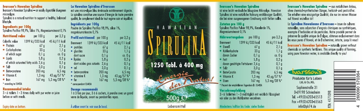Ivarsson's Original Hawaiian Spirulina I 225g Pulver I Algen Pulver aus reinem und natürlichem Spirulina getrocknet im Ultraviolettglas