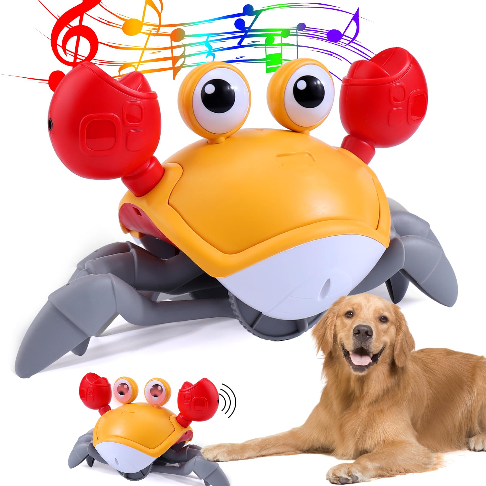 Mity rain Crab Crawling, Escaping Crab Dog Toy with Obstacle Avoidance Sensor, Dancing Crab Toys with Music Sounds & Lights for Dogs Cats Pets, Crawl Toys Orange