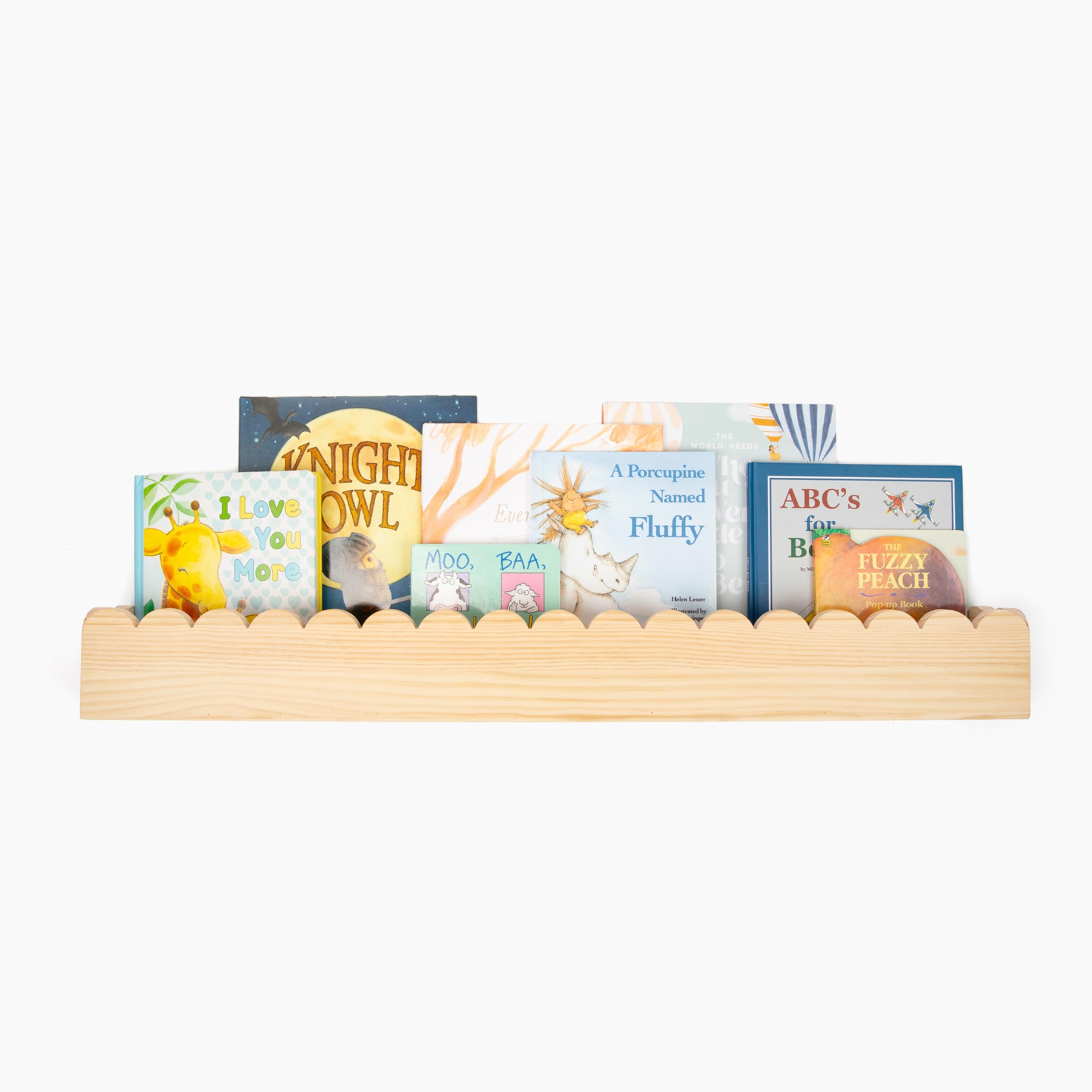 34″ Wide Scalloped Pine Wood Wall Bookshelf for Kids | Preassembled Montessori Floating long wood Shelf | Drop-Resistant Kids Book Ledge | Nursery