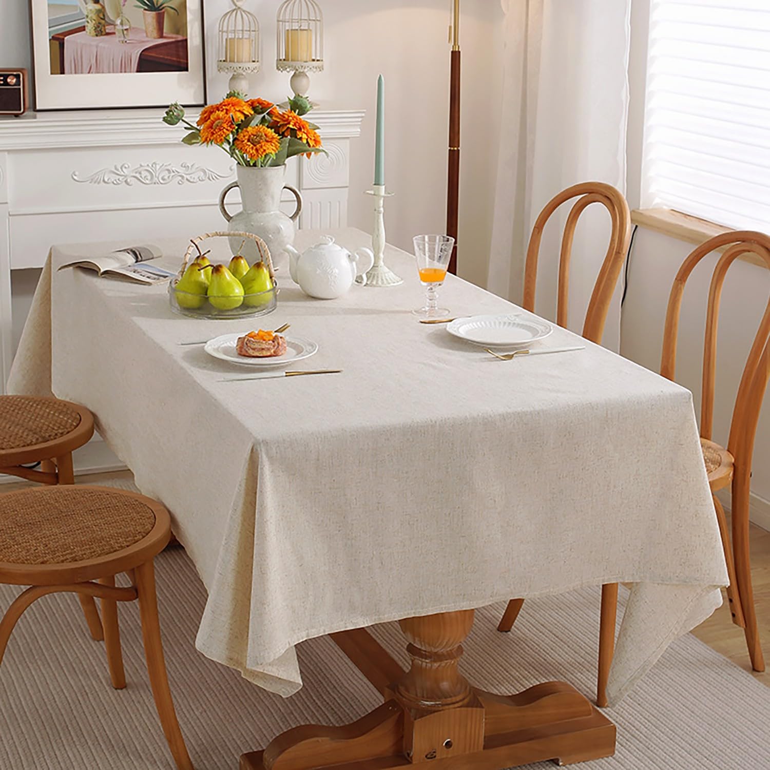 Mantel de lino texturizado, lavable, resistente a las manchas y sin arrugas, funda de tela decorativa para comedor, fiestas y camping (beige, 135 x 240 cm)