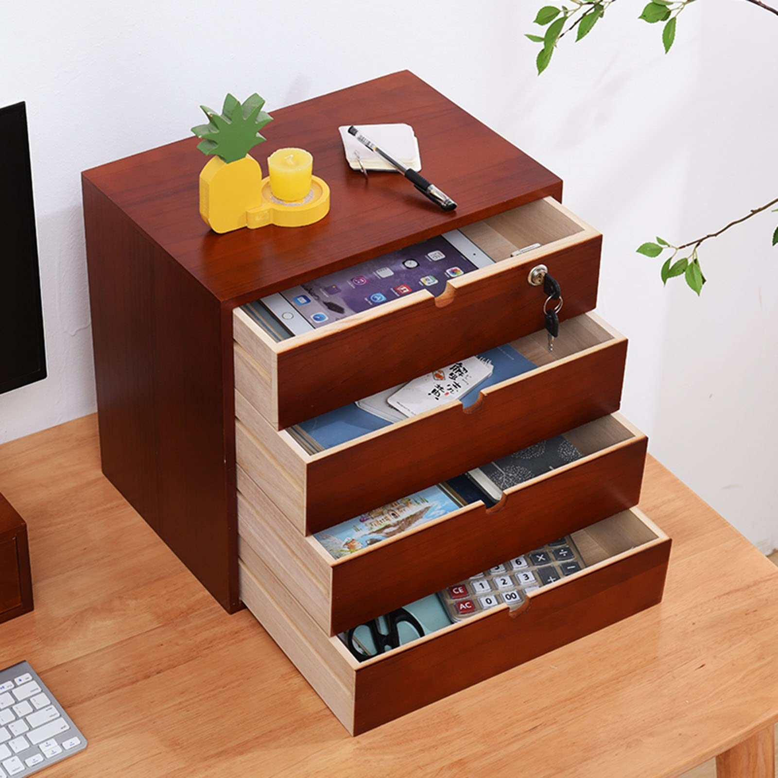 Classeur de bureau – Boîte de rangement en bois massif – Organiseur de bureau, classeur plat A4 multicouche de type tiroir, boîte de rangement de bureau en bois massif, organisateur de stockage de fou
