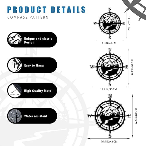 Miniatura 2 de Resama Decoración de pared de brújula náutica de montaña de metal negro, decoración de bosque para interiores o exteriores, arte perfecto para