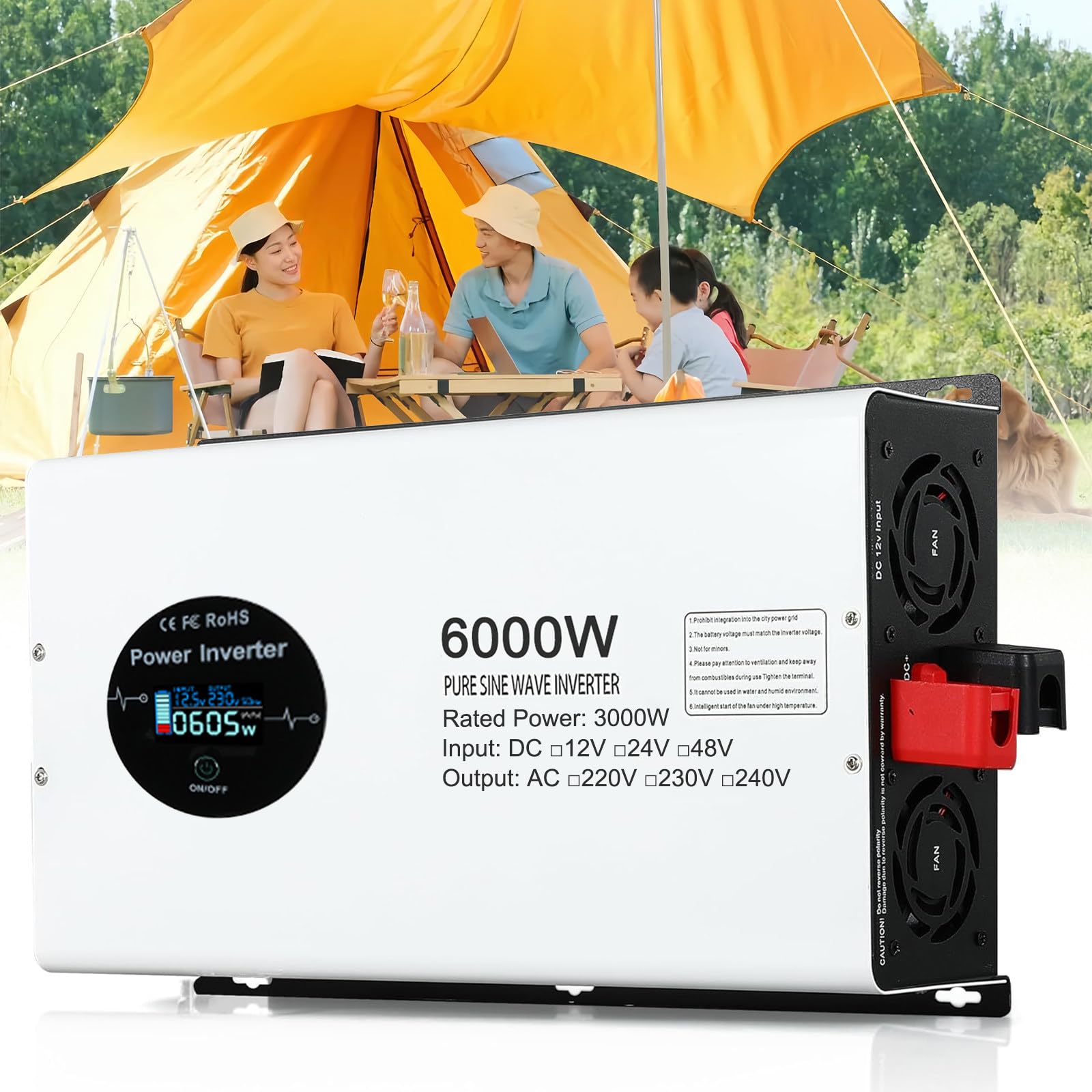 Wechselrichter, Reine Sinuswelle, 3000 W, Spitzenleistung 6000 W, DC-AC-Wandler mit 2 Steckdosen und USB-Anschluss, mit LCD-Display und kabelloser Fernbedienung,24V to 220V
