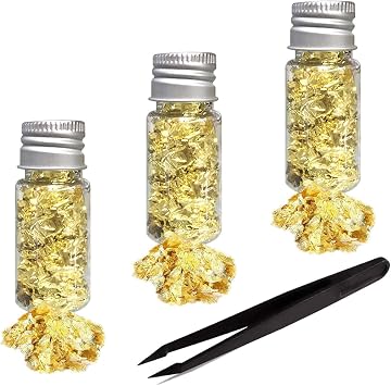 Gold Foil Copper Leaf,3 PCS Gold Foil Flakes Gold Leaf Metallic Foil Flakes 5g Foil Flakes with Tweezer for Slime and Resin Jewelry Making Nail Art Painting DIY Craft