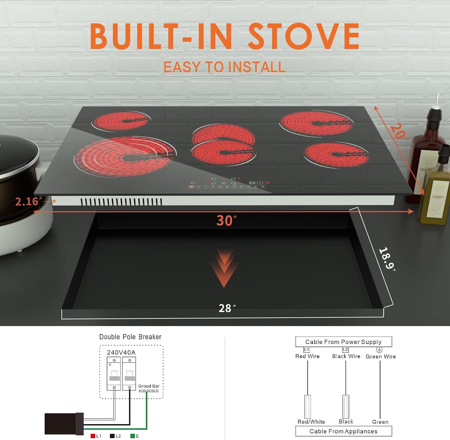 Davivy 30 inch Electric Cooktop 5 Burner,Drop in Electric Stovetop -Timer & Child Safety Lock,9 Heating Level,Over Temperature Protection,Sensor Touch Control,220~240V Hard Wire,8600W