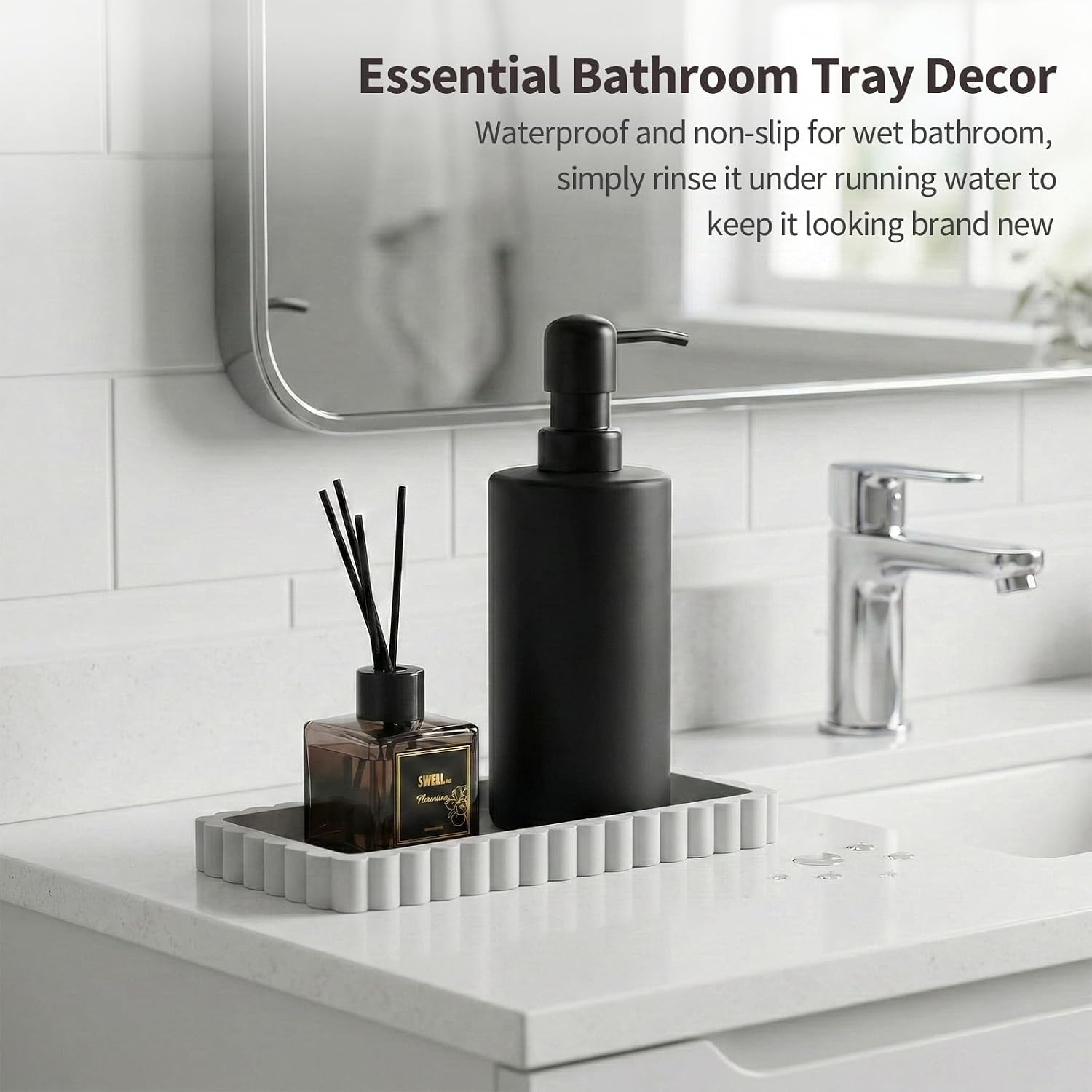 Small Silicone Bathroom Vanity Tray, Sink Caddy for Dish Soap Dispenser, Sponge Holder for Kitchen Sink, Rectangle Bathroom Countertop Organizer for Perfume, Jewelry, Candle (7.9” * 4”, White)