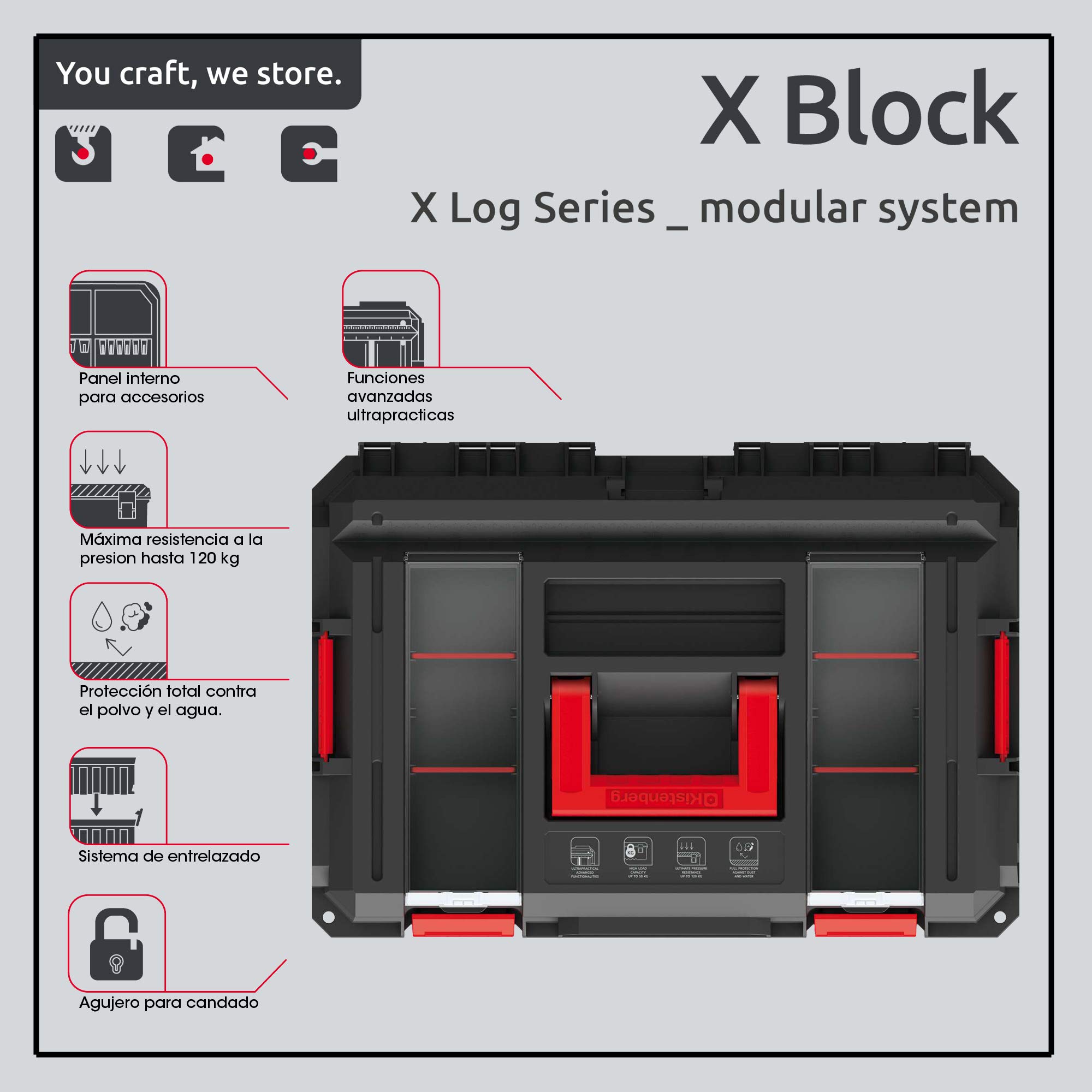 Caja de herramientas profesional con capacidad de carga hasta 50 kg, con compartimentos y separadores modulares X-Block 546 x 380 x 194 mm