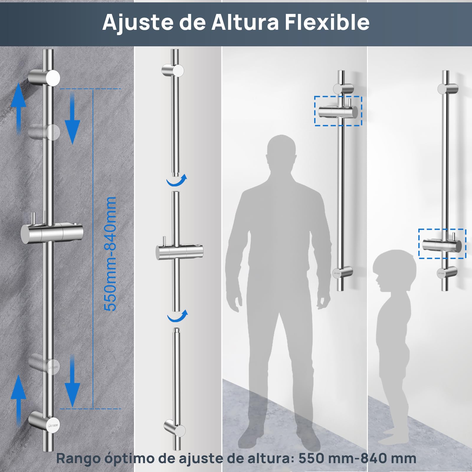 Columna de Ducha 90cm con 3 Funciones Alcachofa de Mano, Soporte de Alcachofa de Ducha Ajustable y Manguera Flexible 1,5m, Barra de Ducha sin Mezclador, Acero Inoxidable 304, Cromo