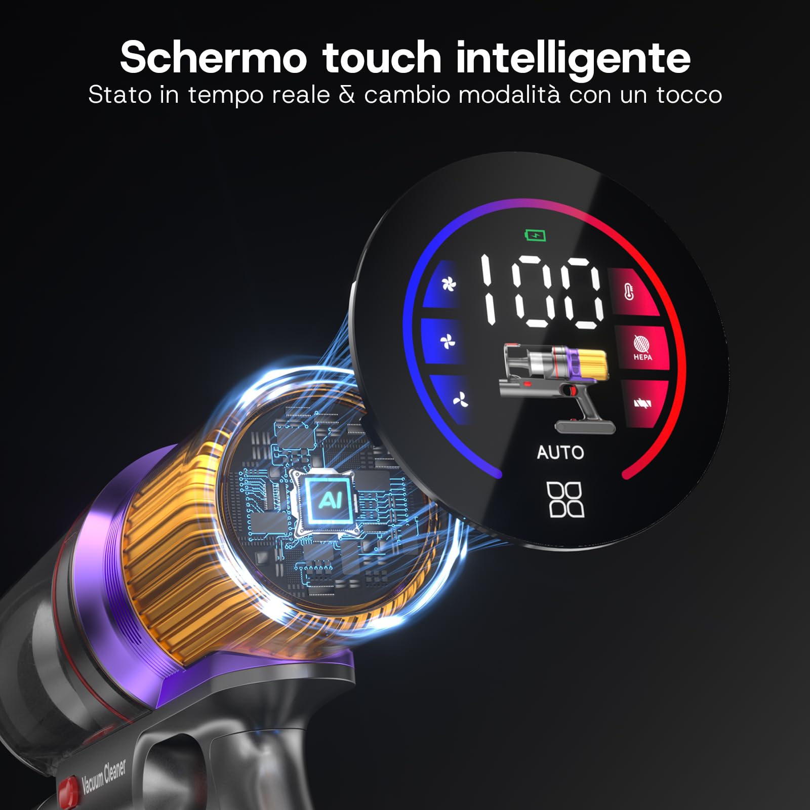 Aodebiao V16 Aspirapolvere senza Fili 55Kpa/600W/80Mins, Scopa Elettrica senza Fili Potente con LED Touchscreen, Anti-Groviglio, Modalità Automatica per Pavimenti/Tappeti/Peli Animali