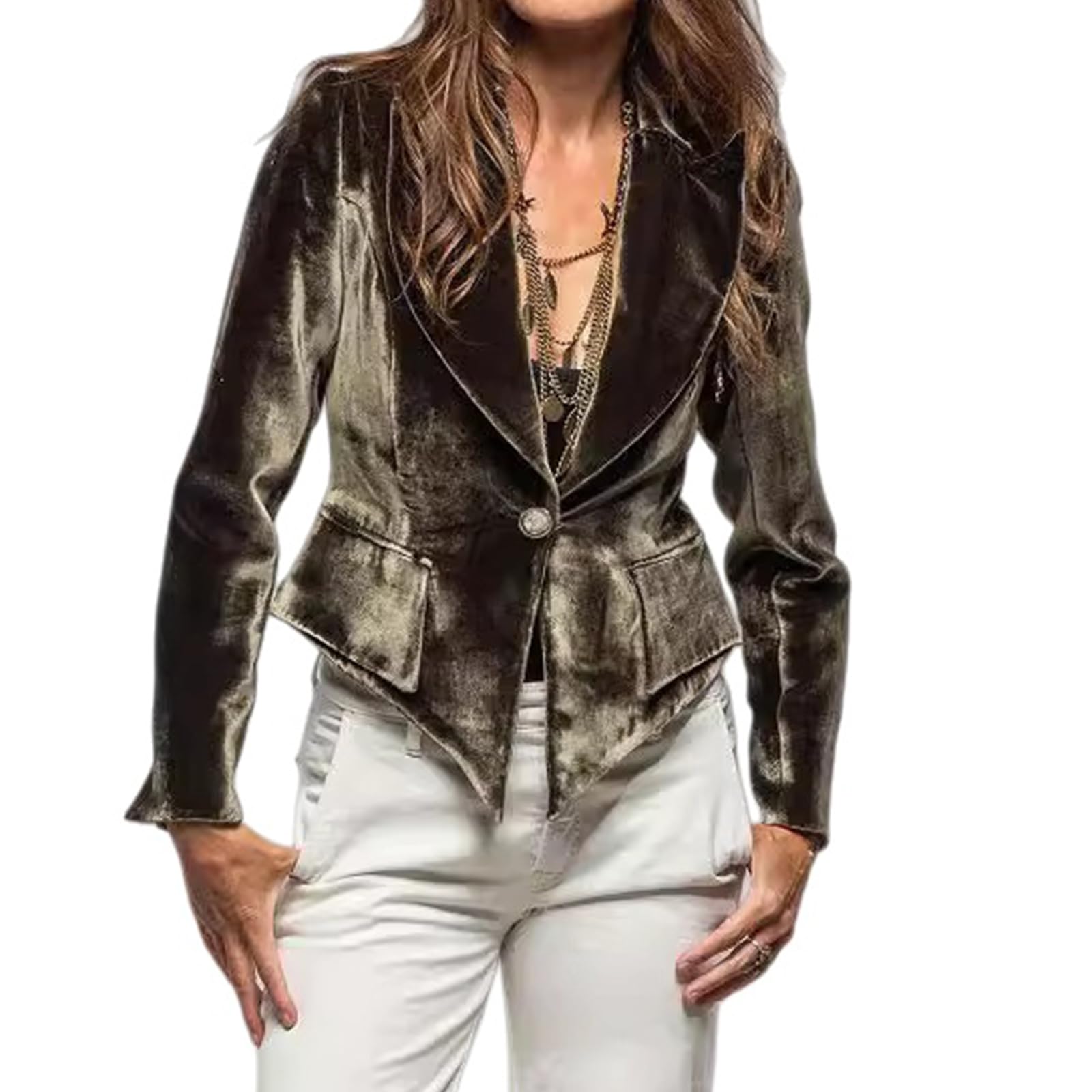 ZWRXW Velvet Blazers Women Casual Business Suit Jackets Vintage Office Button Front Velvet Blazer Elegant Short Coat Cardigan