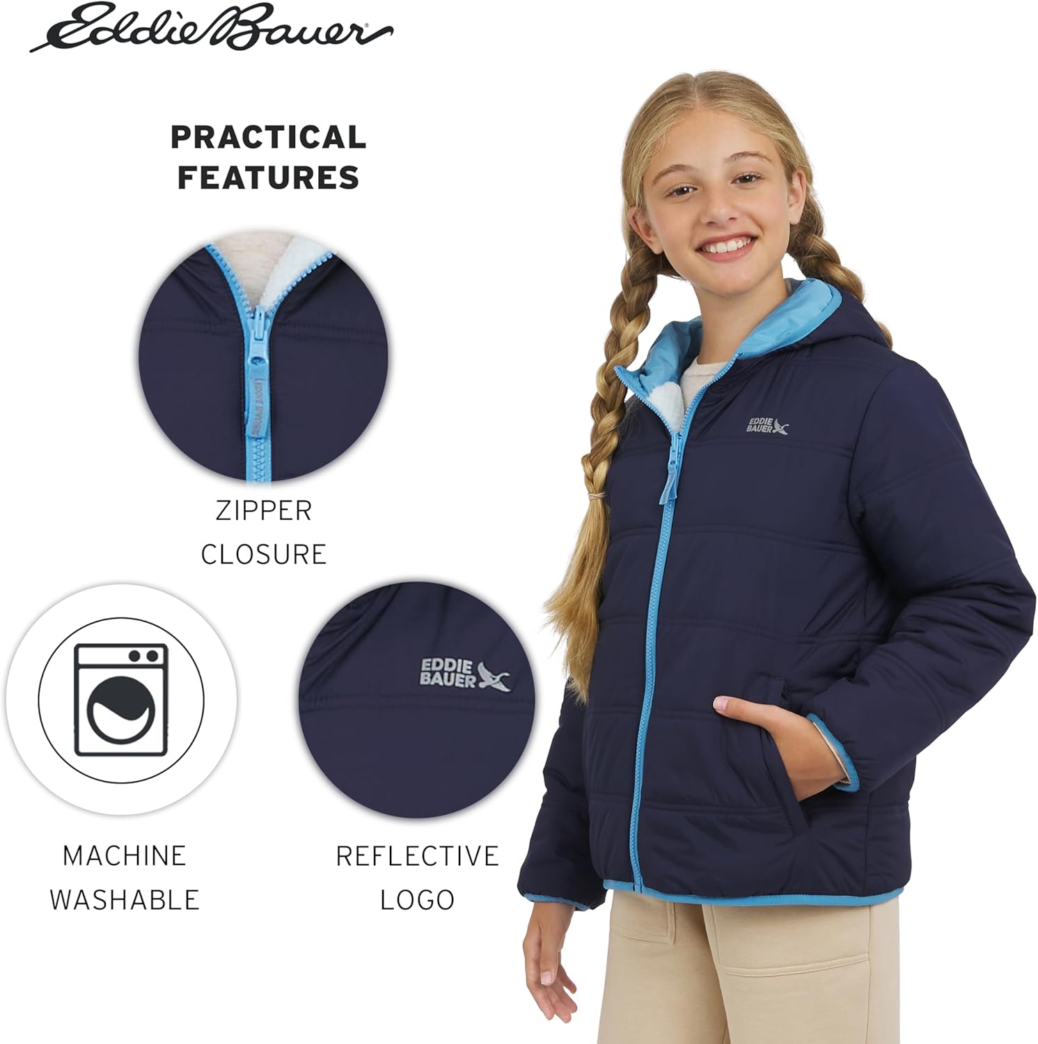 Eddie Bauer Girls' Deer Harbor Reversible Faux Fur Lined Insulated Puffer Jacket - Image 6