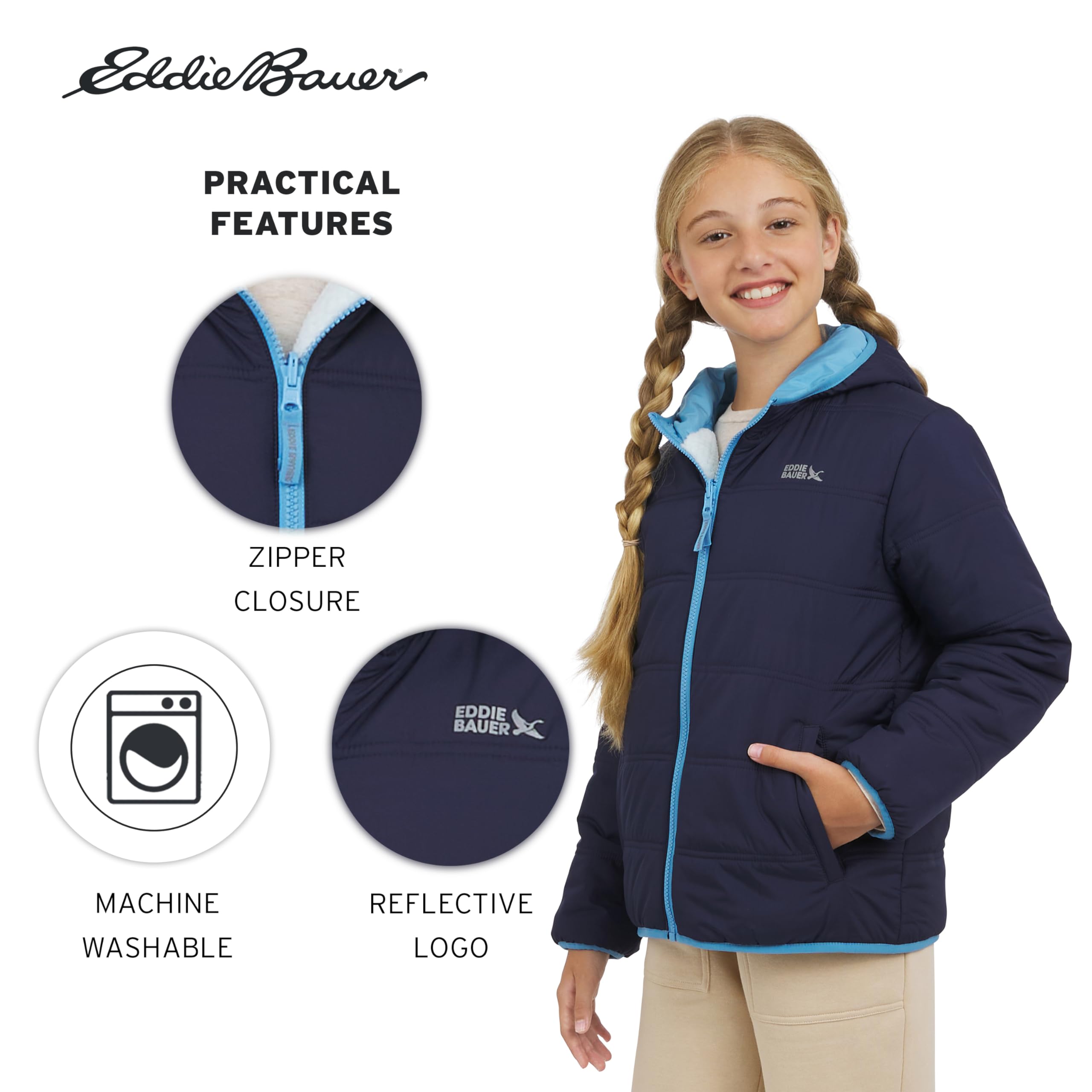 Eddie Bauer Girls' Deer Harbor Reversible Faux Fur Lined Insulated Puffer Jacket (XS-XL)