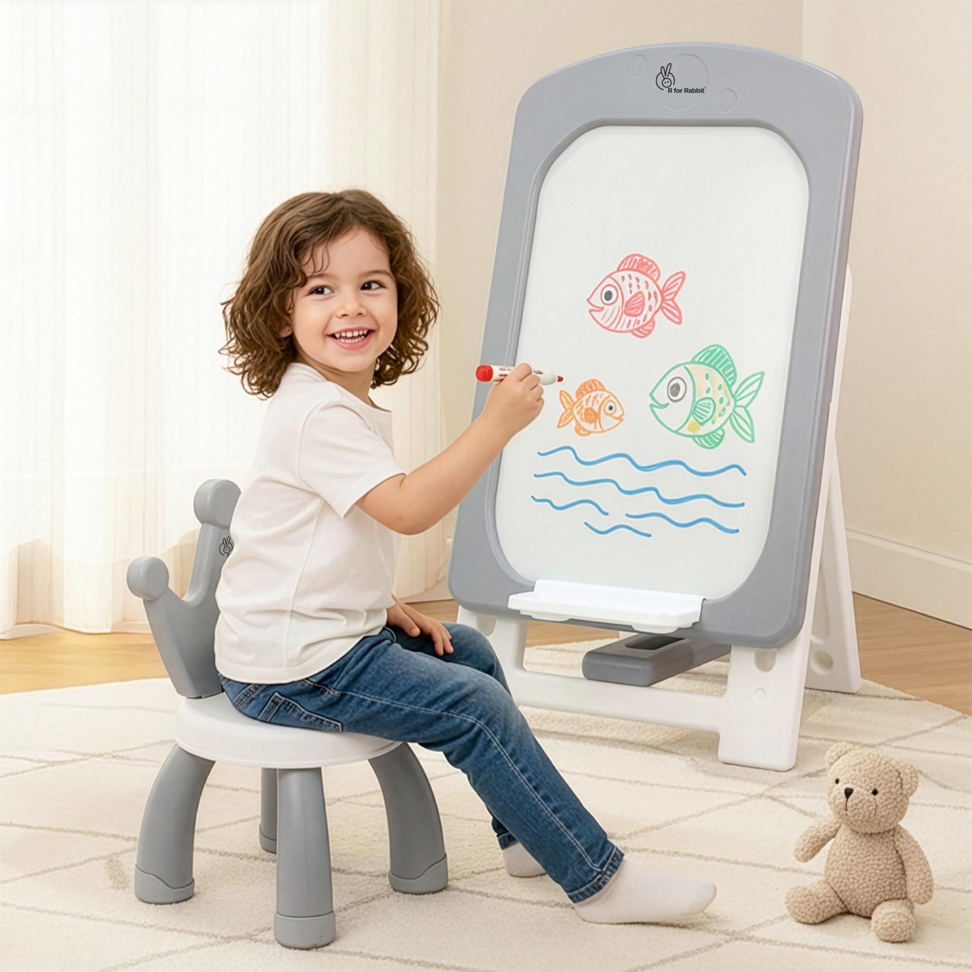 R for Rabbit Little Genius Doodle Duo for Kids Whiteboard with Chair Set | 7-Level Adjustable Height Study Table for 3-7 Years | Foldable & Space Saving | Desk for Learning & Drawing (Grey White)-image-39