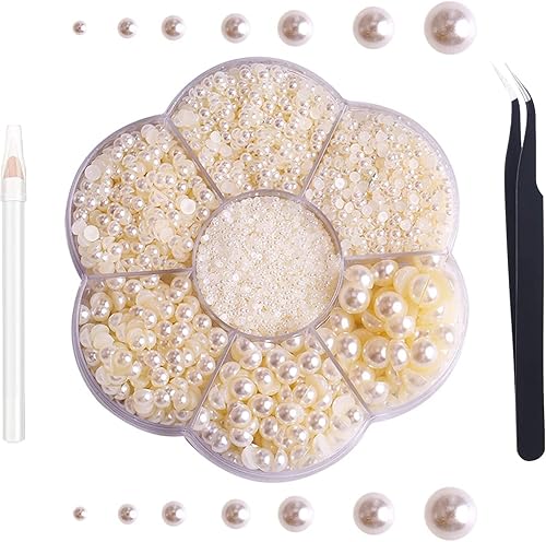 5600 perlas de parte trasera plana para manualidades, tamaños mixtos, cuentas de plástico con parte trasera plana, cuentas sueltas con lápiz Beige
