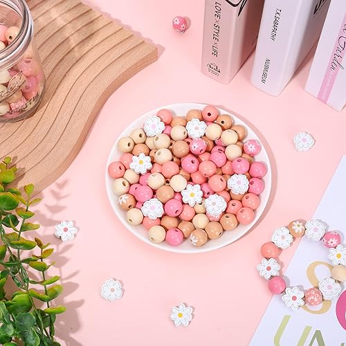 Miniatura 4 de Whaline 230 cuentas de madera bohemias de margaritas de verano de 0.632 pulgadas redondas de 4 colores sueltas de 0.787 pulgadas (0.787 in), cuentas