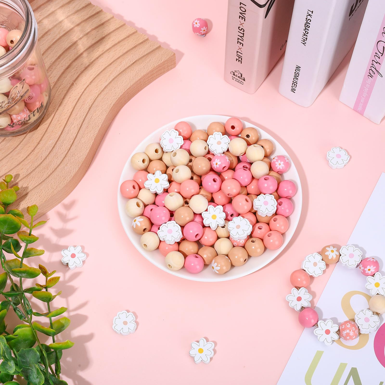 100Pcs Daisy Flower Wooden Beads - 16mm Colorful Round Craft Beads For DIY Jewelry & Decor - View #3