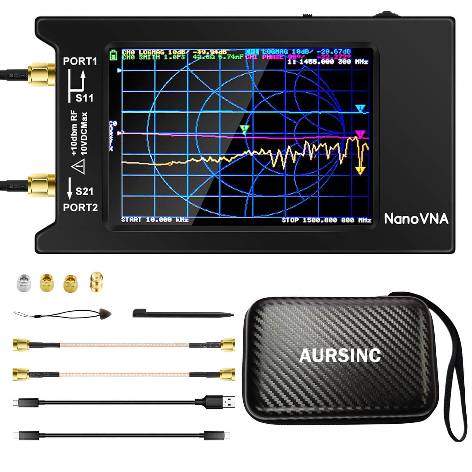 AURSINC NanoVNA-H4 Vector Network Analyzer, 4inch Lastest V4.4 9KHz-1.5GHz, with EVA Hard Shell Protective Storage Bag for Antenna Analyzer Ham Radio, Shockproof, Waterproof, with Carry Strap