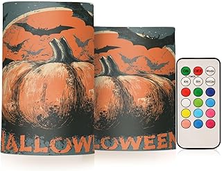 Halloween Pumpkin Bats Slate Flameless Candles with Remote & Timer Flickering Battery Operated Fake Candles Color-Changing LED Light for Atmosphere Decoration Room Home Decor Indoor 2 Pcs