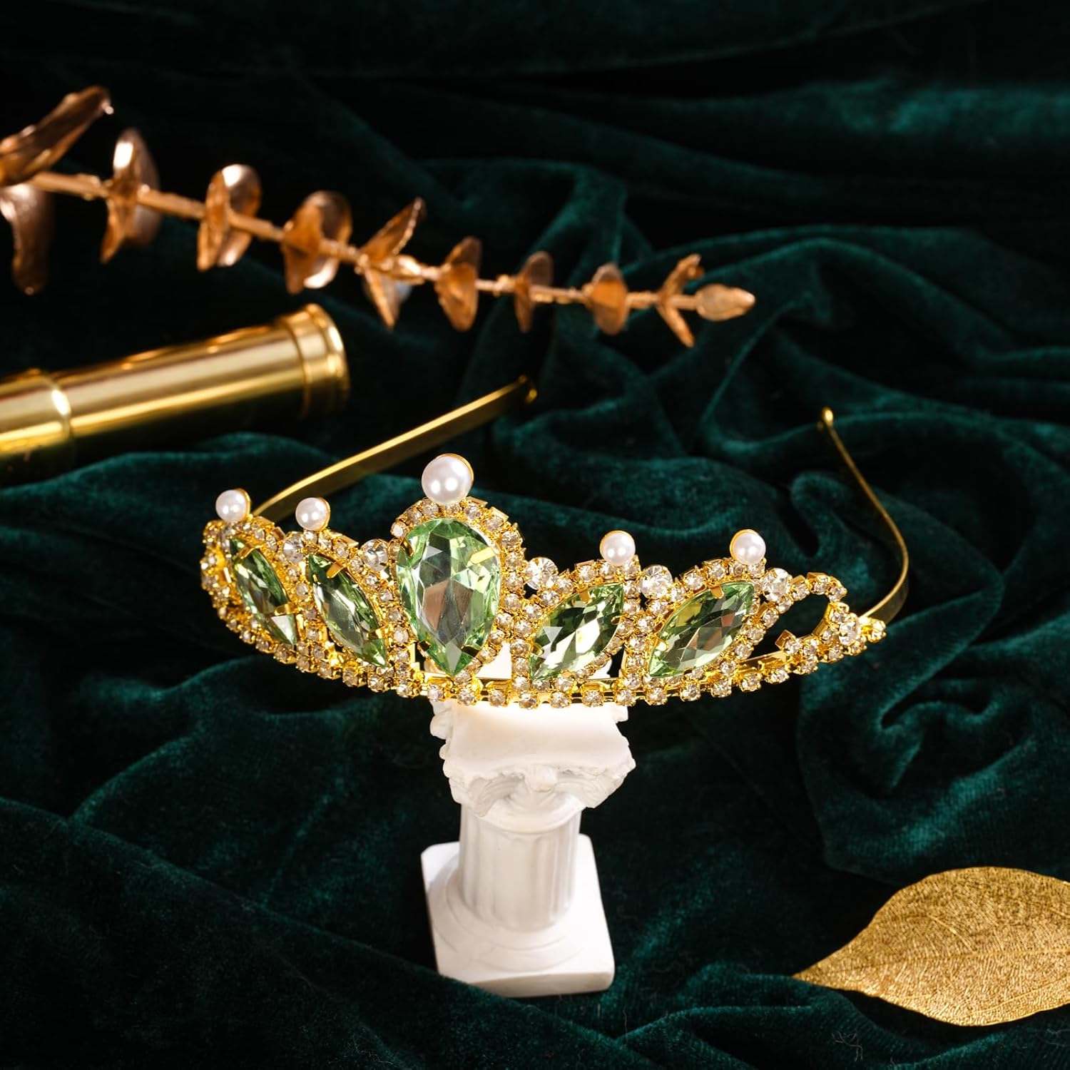 Princess Tiana Set Crown and Necklace Princess Tiana Birthday Outfit Halloween Party Fancy Green Crystal Tiara - Image 4