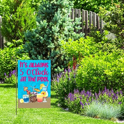 Miniatura 3 de Bandera de jardín de piscina de verano de 12 x 18 pulgadas, doble cara con texto en inglés "It's Always 5 O'clock at The Pool", banderas decorativas