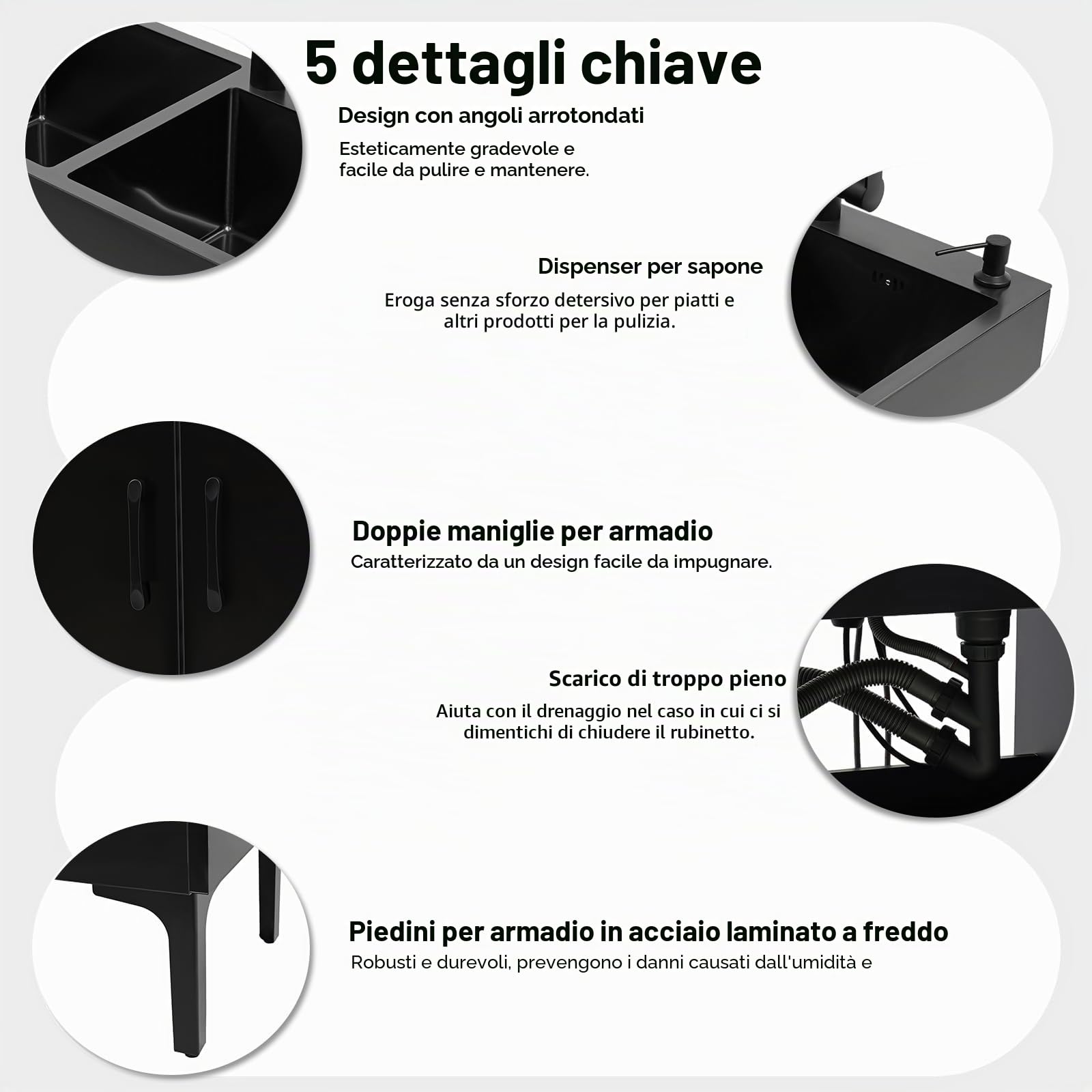 Lavello in acciaio INOX con sottolavello, 75 x 41 x 78 cm, indipendente, multifunzione, set con rubinetto estensibile, armadio, distributore di sapone e scola piatti per cucine e ristoranti
