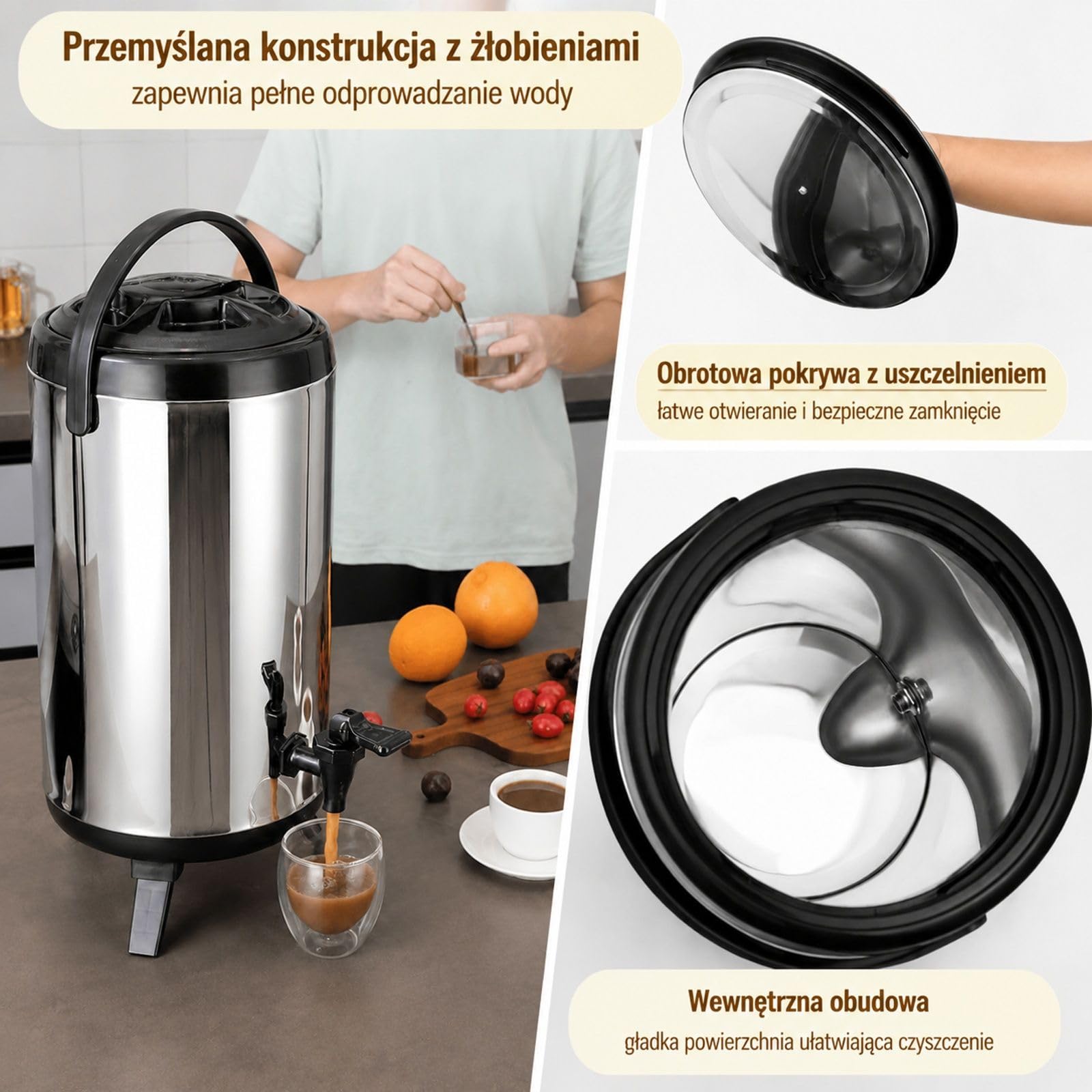 Dystrybutor napojów gorących i zimnych 9,2 l, stal nierdzewna, duży dystrybutor napojów z kranem i uchwytem do przenoszenia, do kawy, wody, soku, termos do kawiarni i barów