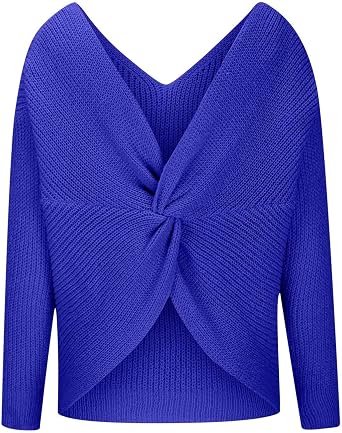 Women's V Neck Criss Cross Twisted Back Sweaters 2024 Fall Long Sleeve Solid Knitted Pullover Trendy Fashion Tops