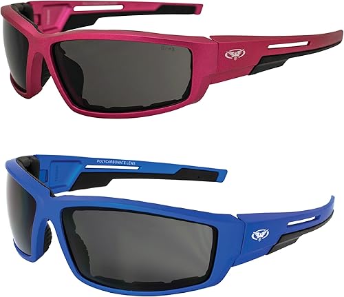 Global Vision Sly - Gafas de sol acolchadas para motocicleta para mujer, cuatrimoto, 2 pares con lentes ahumadas y marcos metálicos rosa y azul