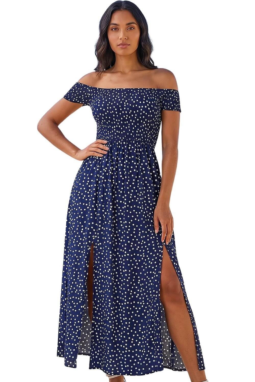 Roman Originals Women's Spot Navy Bardot Dress For Uk Shirred Chest Off Shoulder Cold Shoulder Maxi Midi Summer Beach Holiday Sleeveless Garden Cocktail Party Elasticated
