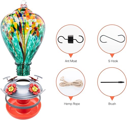 Vista 23 de Muse Garden - Comedero para colibríes para exteriores, vidrio soplado a mano, 34 onzas, foso de hormigas incluido, Comet cometa