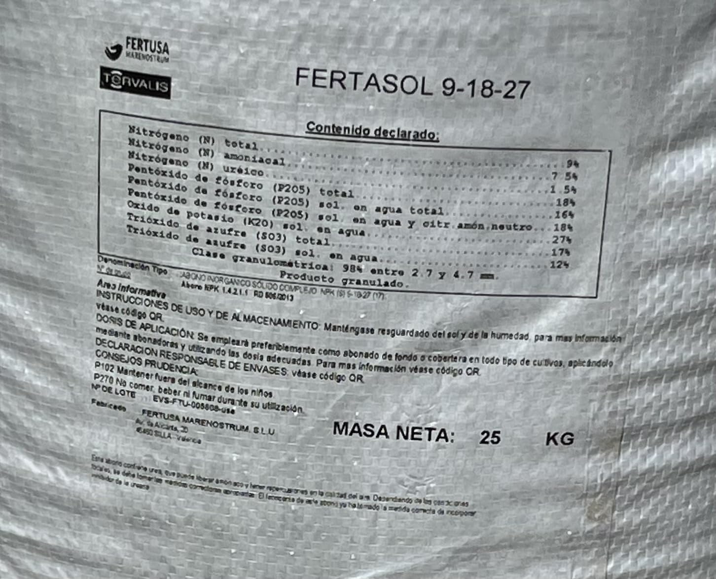 Abono fertilizante complejo 9-18-27 con azufre 25 kgs. Abono granulado con alto contenido en potasio y medio en fósforo.