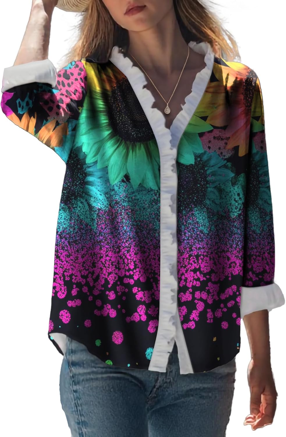 MARSVOVO Trendy Blouses for Women Dressy Casual Button Up Ruffle 3/4 Sleeve Flowy Blouse Summer Tops