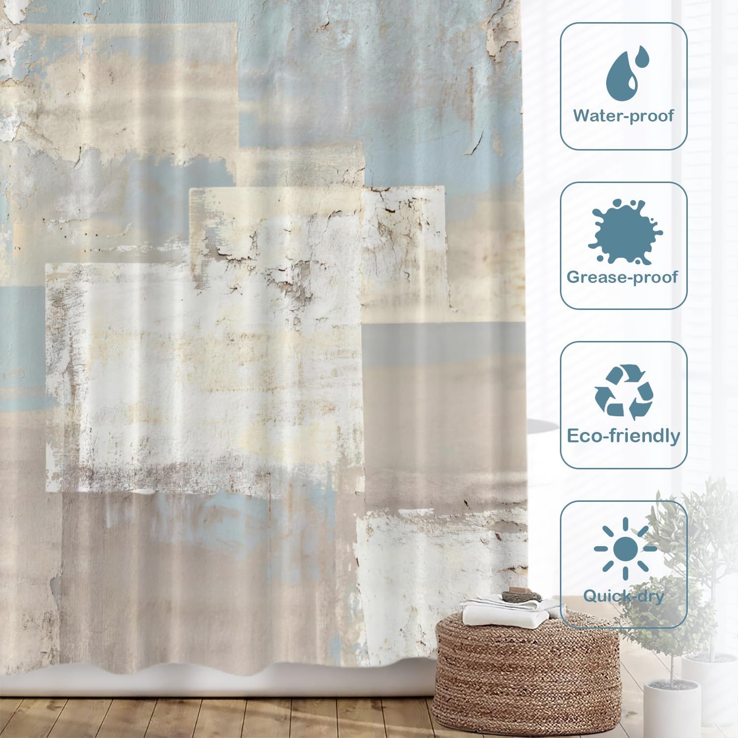 Batmerry Taupe Squares Texture Decor Shower Curtain,Grey and Beige Abstract Painting Bathroom Decor Polyester Fiber Plastic Rings Quick-Drying Waterproof for Bathtubs/Bathroom, 72x72 inches