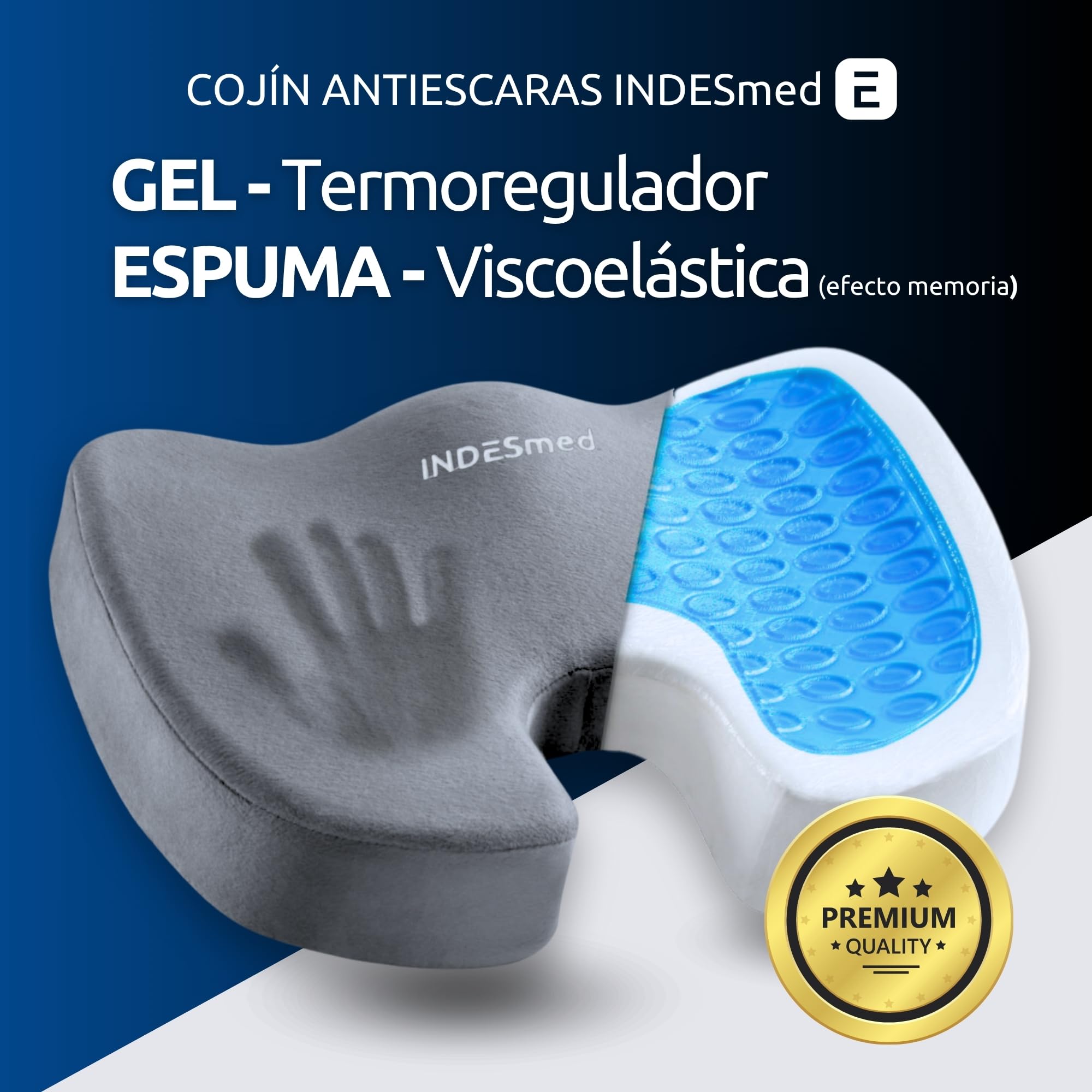 INDESMED Cojín Antiescaras Gel + Viscoelástico de Alta Densidad Premium Memory Foam | Funda Terciopelo Lavable con Antideslizante-Ergonómico, para Oficina, Hogar, Silla de Ruedas, Coche | 45x35x7cm