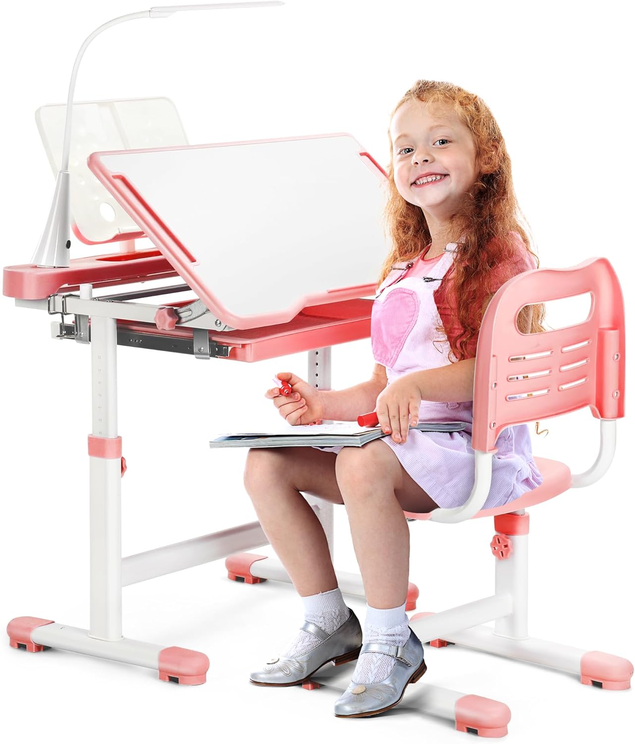 Rengue Kids Desk and Chair Set, Height Adjustable Children School Functional Study Desk with 55° Tiltable Desktop, 3 Modes & Brightness LED Light, Storage Drawer & Metal Hook for Boys Girls (Pink)