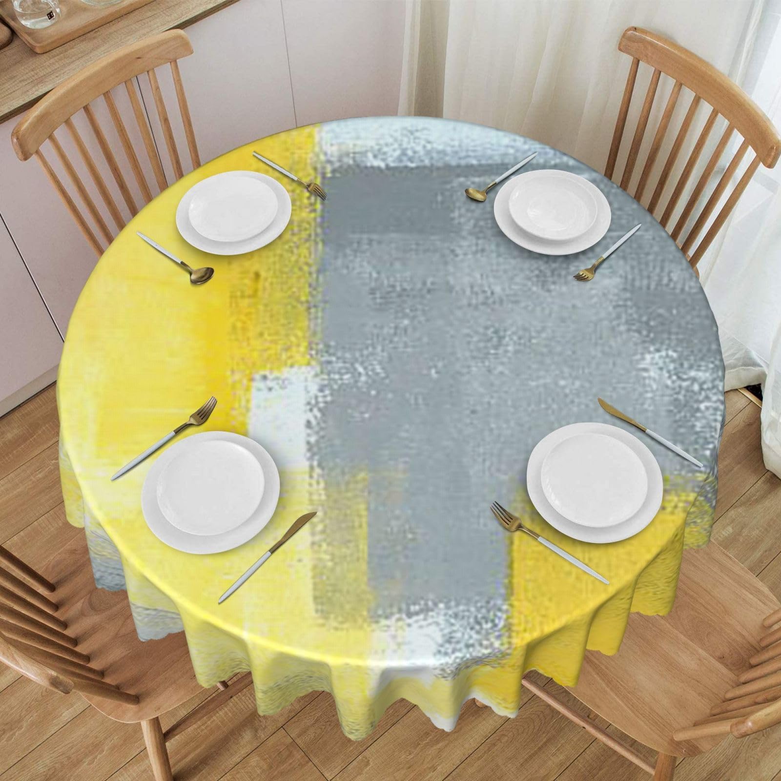 DCEHGEW 60 In Round Tablecloth with Lace, Grey And Yellow Abstract Art Painting Printed Oilproof & Washable Fabric Picnic Table Cloth Table Covers
