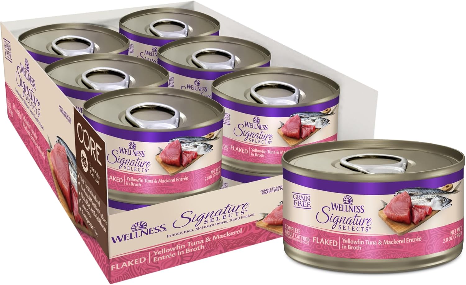 Wellness CORE Signature Selects Flaked Adult Canned Wet Cat Food, Natural, Protein Rich, Grain Free, Yellowfin Tuna and Mackerel Entrée Recipe, 2.8 oz, Pack of 12 Cans