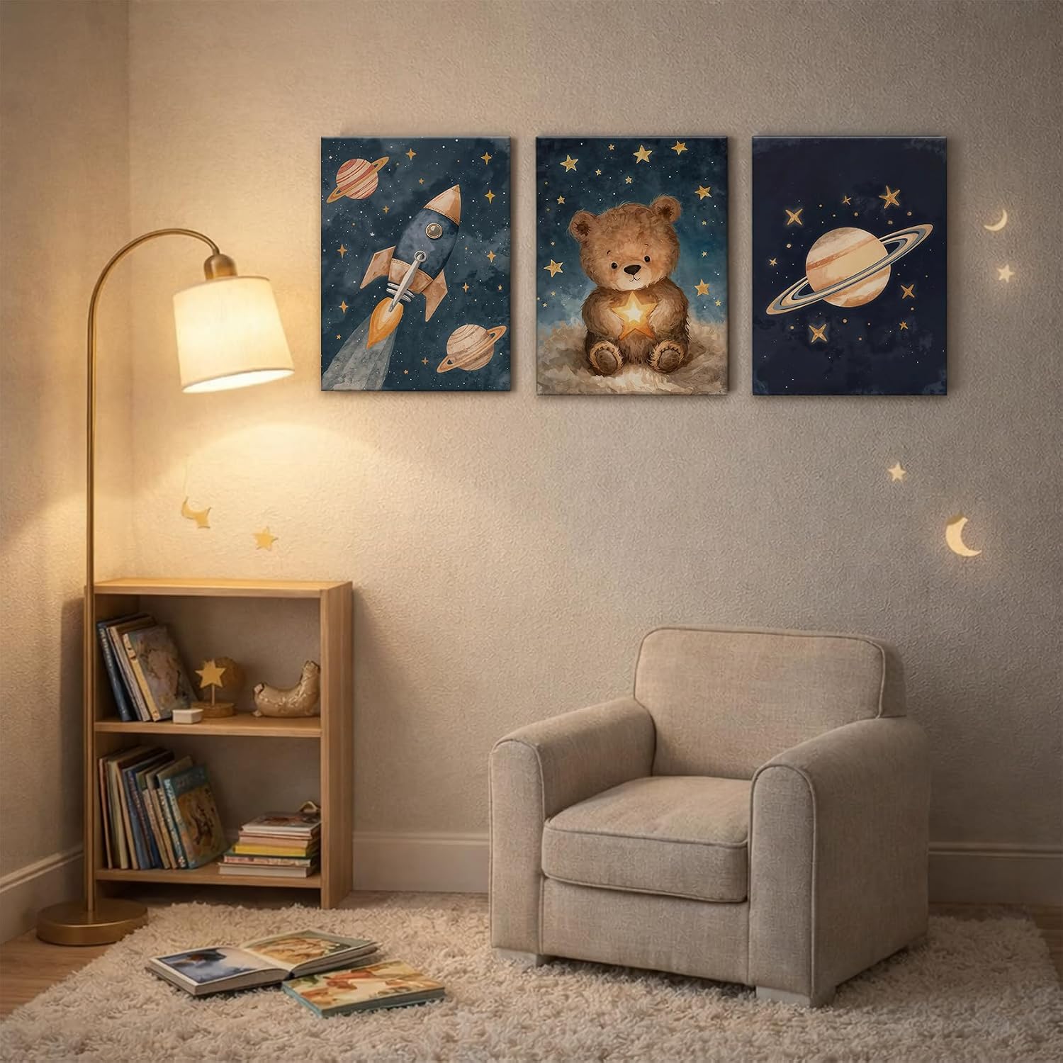 CHTEXA Space Nursery Wall Art Set Of 3 Framed Canvas Prints Outer Space Rocket Bear Planet Decor For Boys Room Kids Bedroom Playroom Toddler Room 12x16 Inch