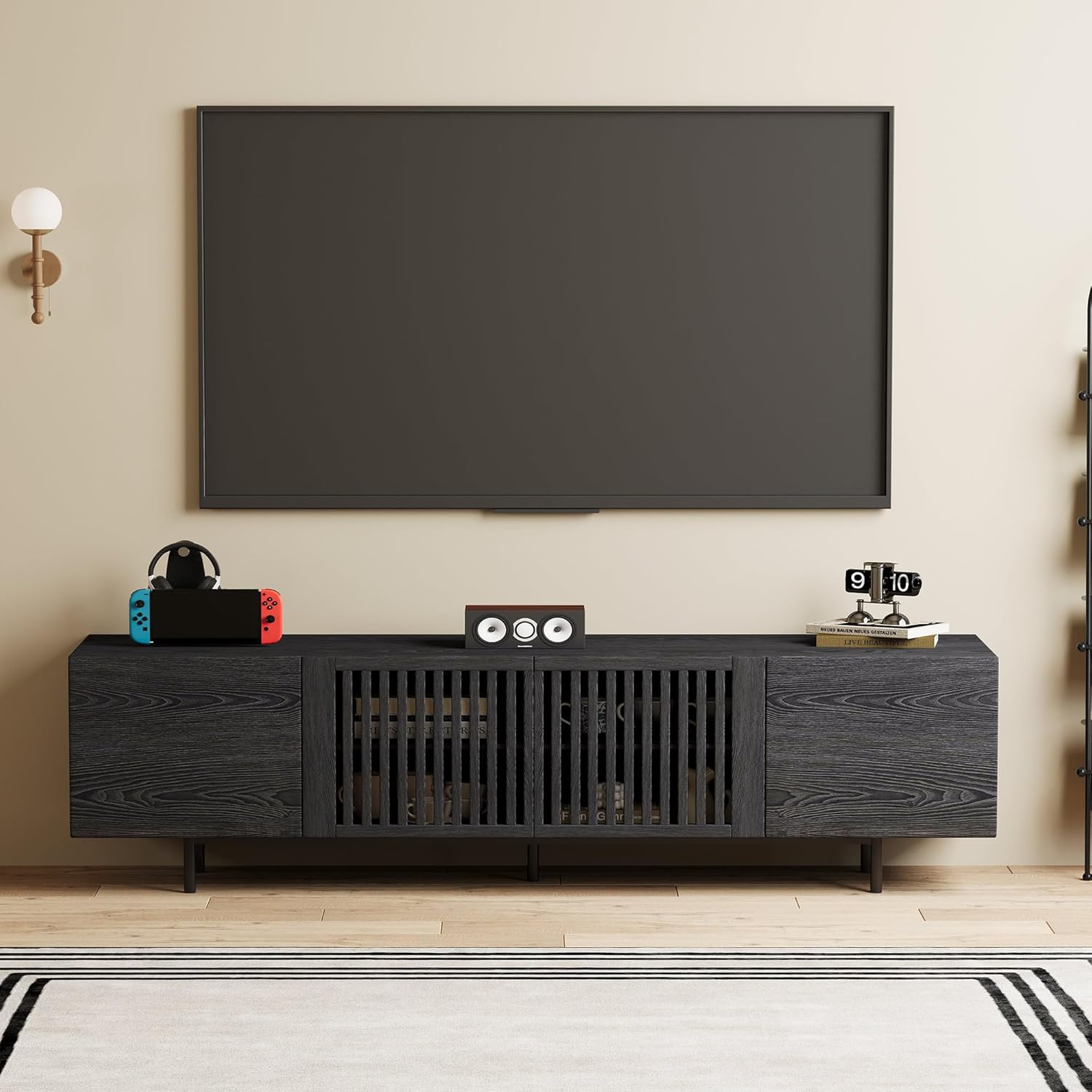 Mid Century Modern Black TV Stand for 70 Inch and Larger TVs, 70.87" Media Console with Solid Wood Slatted Doors, Metal Base, Stylish Entertainment Center for Living Room or Bedroom