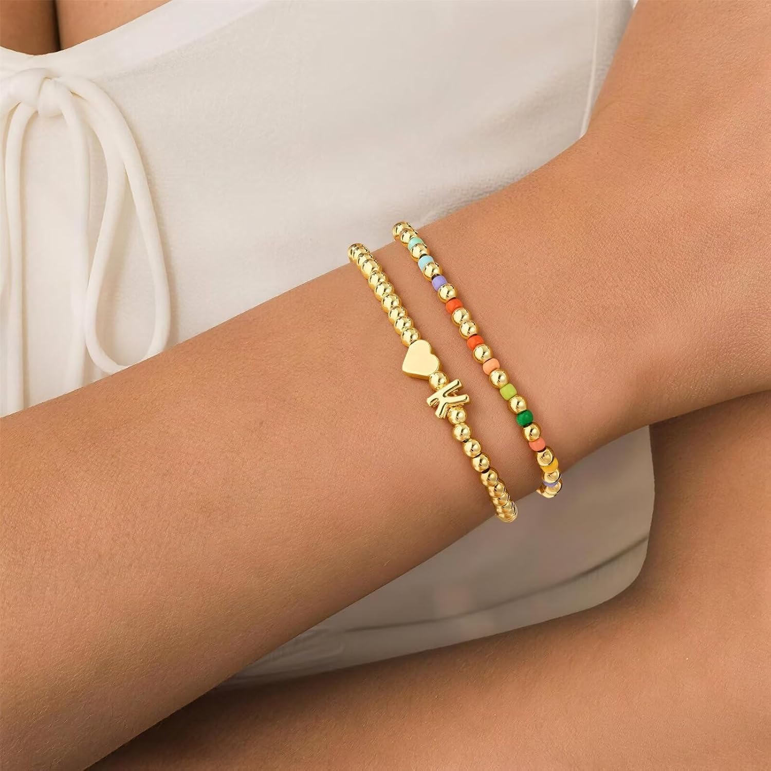 M MOOHAM Beaded Bracelets for Teen Girls - Dainty 2PCS Colorful Beaded Initial Bracelet 14k Gold Plated Heart Letter A-Z Initial Bracelets for Women Girl Trendy, Birthday Gifts for Girls Teens Kids
