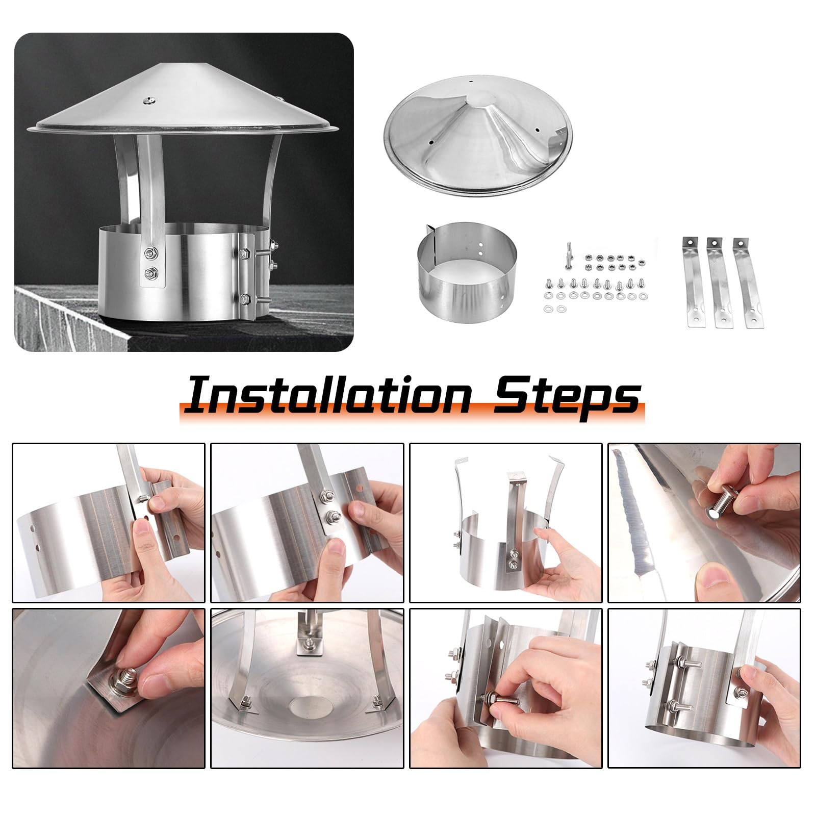 Cappello Cinese Canna Fumaria Acciaio Inox Antipioggia Copri Camino Inox | Comignolo Canne Fumarie da Tetto Ventilazione Cappuccio per Stufe Caldaie e Camini per Lo Scarico dei Fumi(315mm/12.5")