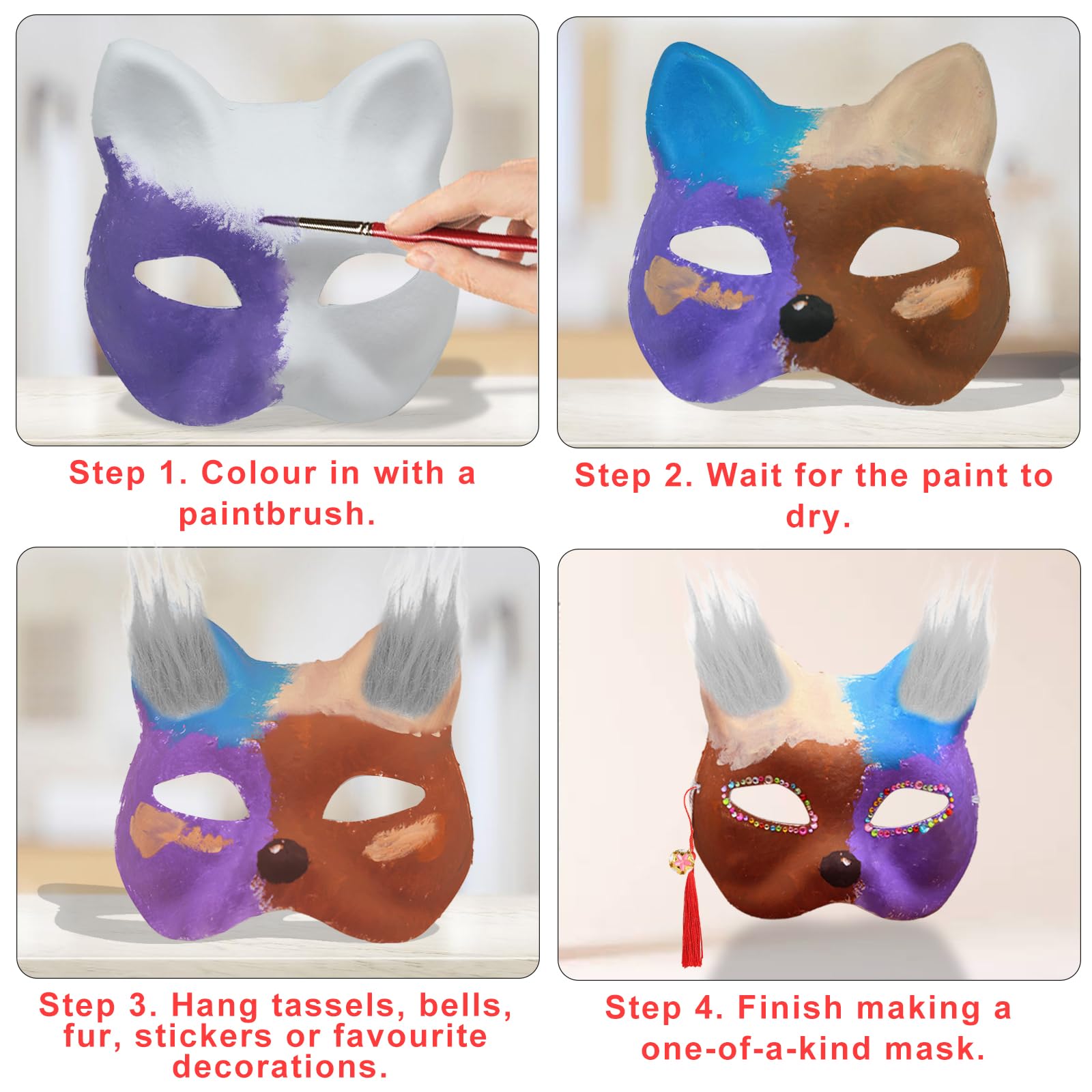 5 Pezzi Maschera Gatto, Therian Mask con Nappe, Campanelle, Pelliccia, Adesivi Cristallo, Maschere Carta Dipinte Mano, Maschera da Gatto Adatto per DIY Halloween Mardi Gras Festa Maschera (Bianco)
