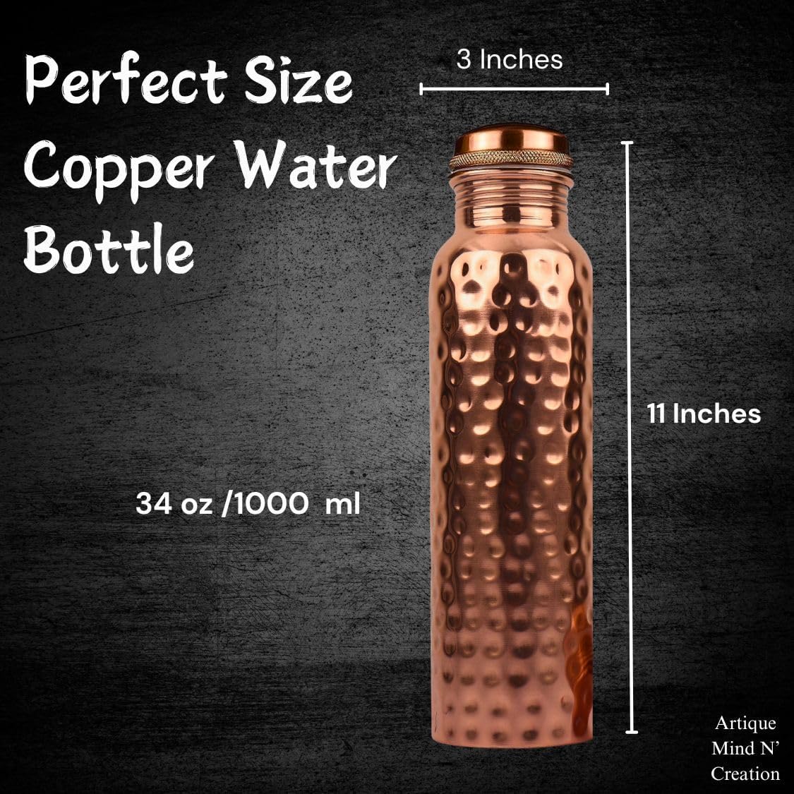 Pure Copper Water Bottle 34 oz (1 Liter), Hammered Ayurvedic Copper Bottle with Leakproof Lid & Protective Carrying Sleeve Strap for Yoga, Travel & Daily Hydration