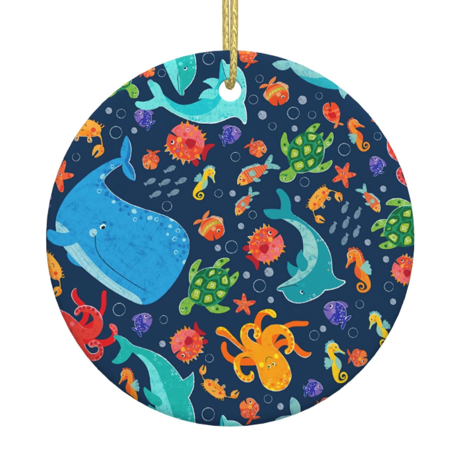 Ocean Whale Fish Octopus Print Christmas Ornaments, Ceramic Hanging Ornament, Round Shape Decorations