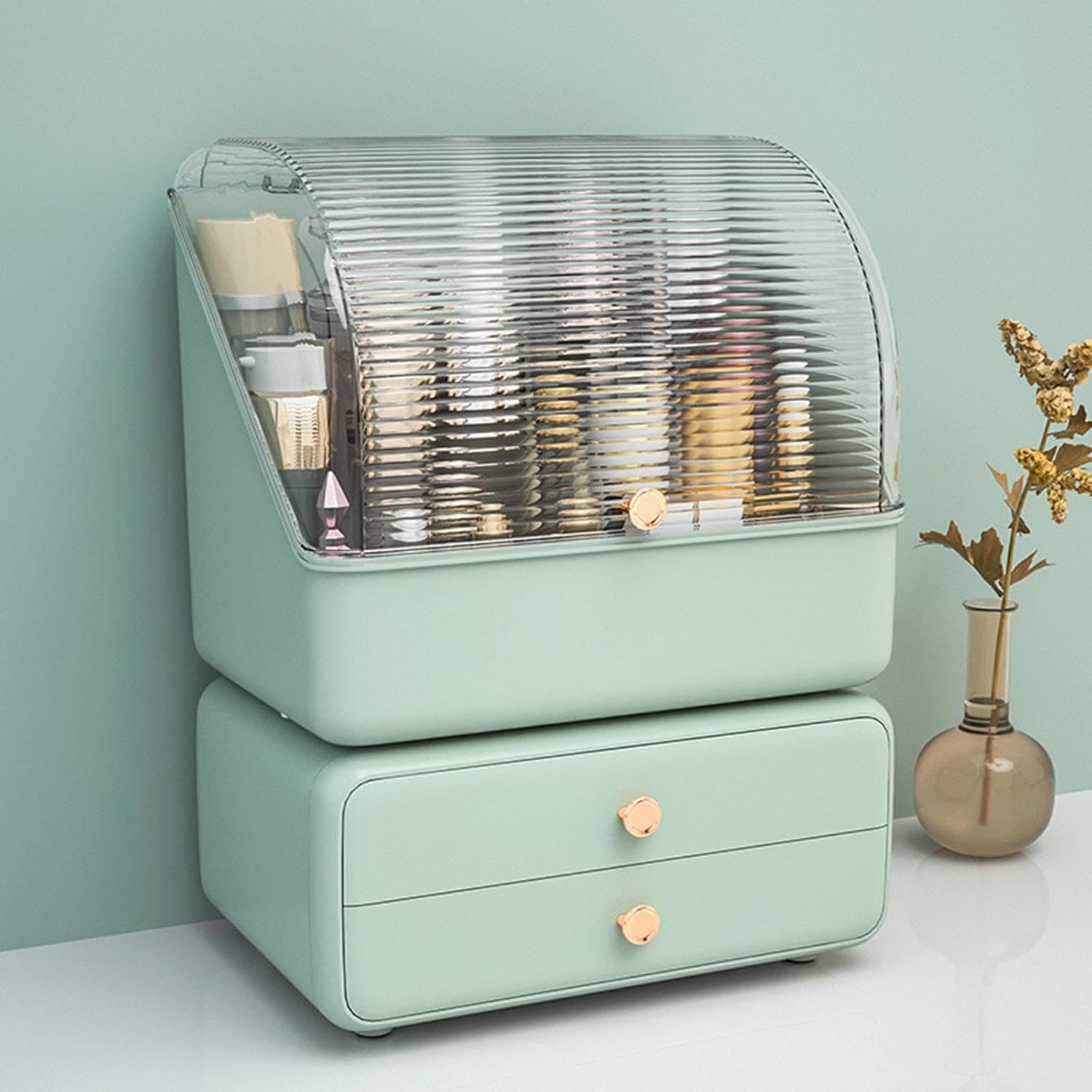 Organize Makeup Cosmetic Display Case and Drawer Organizer Perfect for Bathroom and Bedroom Vanities No Lipstick Holder,Green