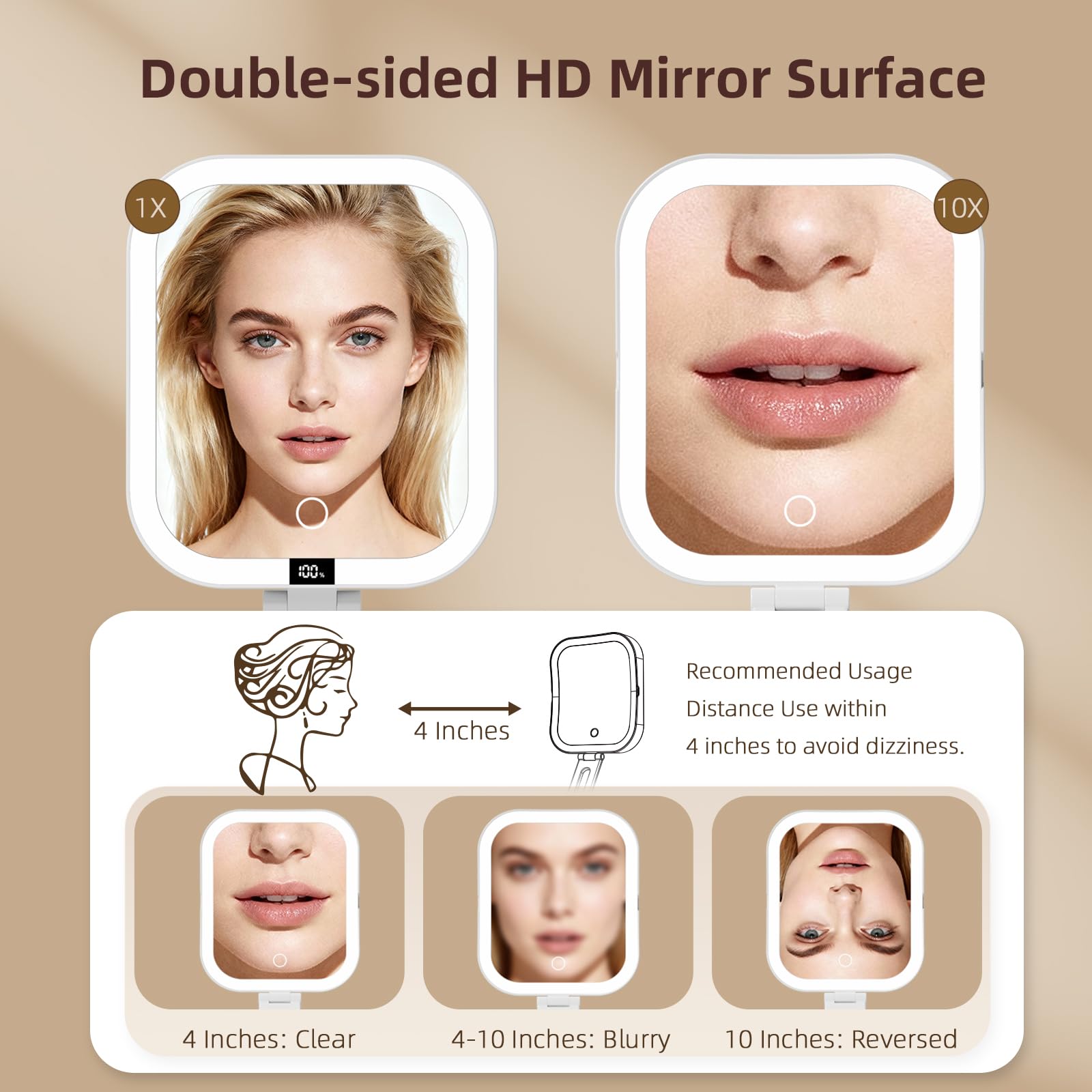 Travel Makeup Mirror with Lights, 1X/10X Magnification, Rechargeable