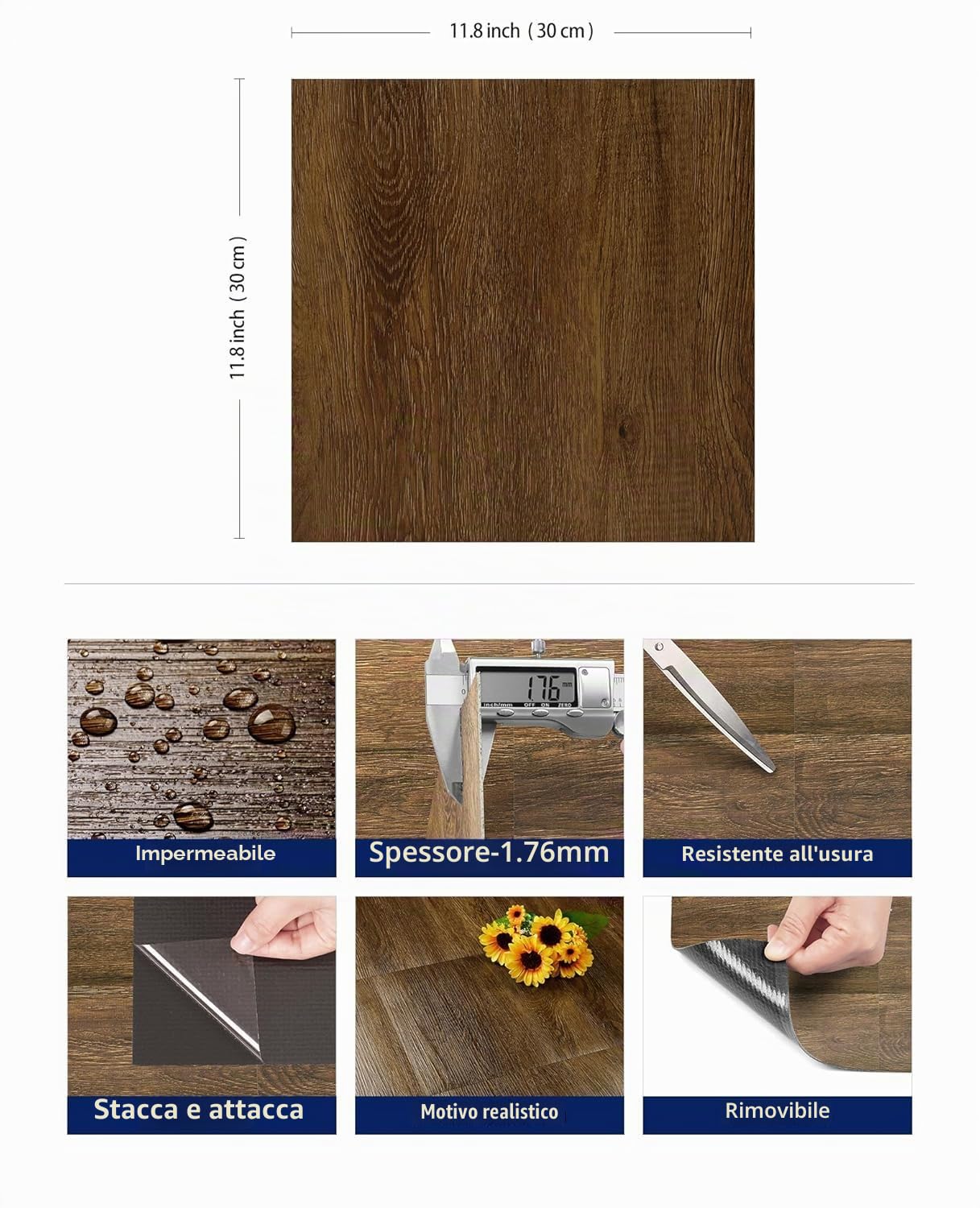 FunStick Pavimento PVC Adesivo Effetto Legno Adesivi per Piastrelle Bagno Salotto Marrone Vintage Antiscivolo 30×30CM 30 Piastrelle Adesive Mattonelle Legno Rivestimento Pavimento Cucina Adesivo PVC