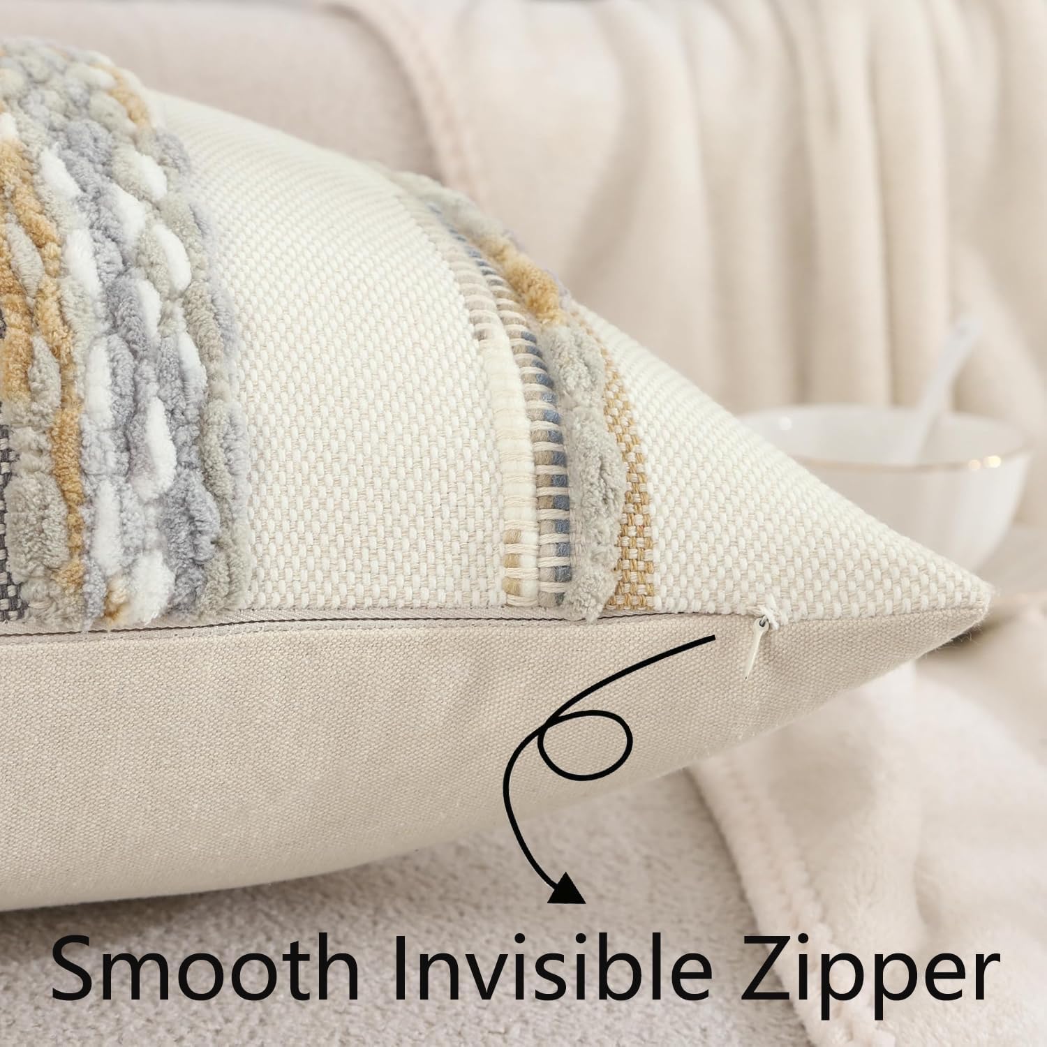 Boho Tufted Throw Pillow Covers 18x18 Set of 2 Striped Decorative Pillow Cases Accent Chenille Pillowcases Farmhouse Cushion Case Spring Home Decor for Sofa Bed Living Room,Yellow and Gray