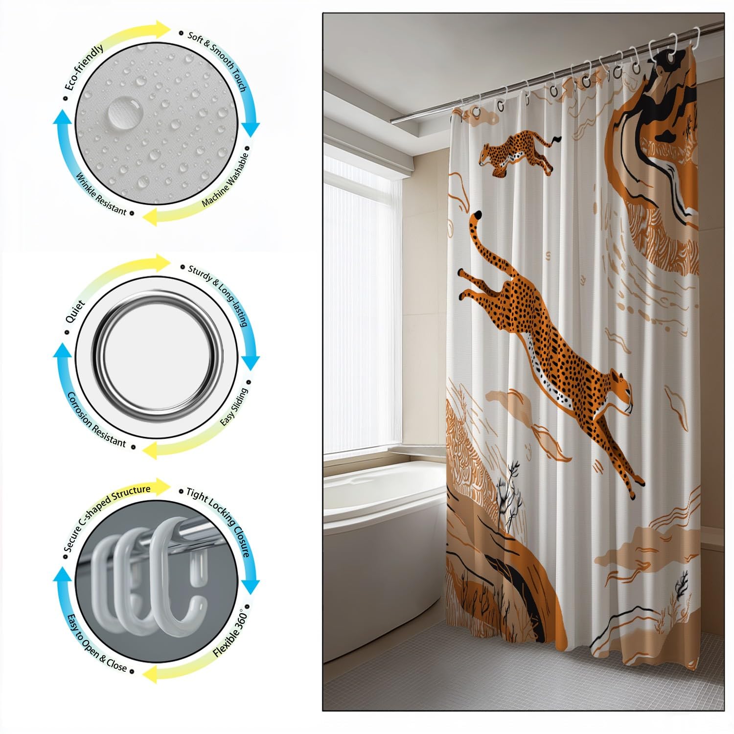 Generico Fantasia Tenda Da Doccia Astratto Animale Leopardo Bianco Marrone, Tenda Da Doccia Per Bagno, Vasca Da Bagno, Tenda In Poliestere Impermeabile Con Ganci In Plastica, 180 x 200 cm